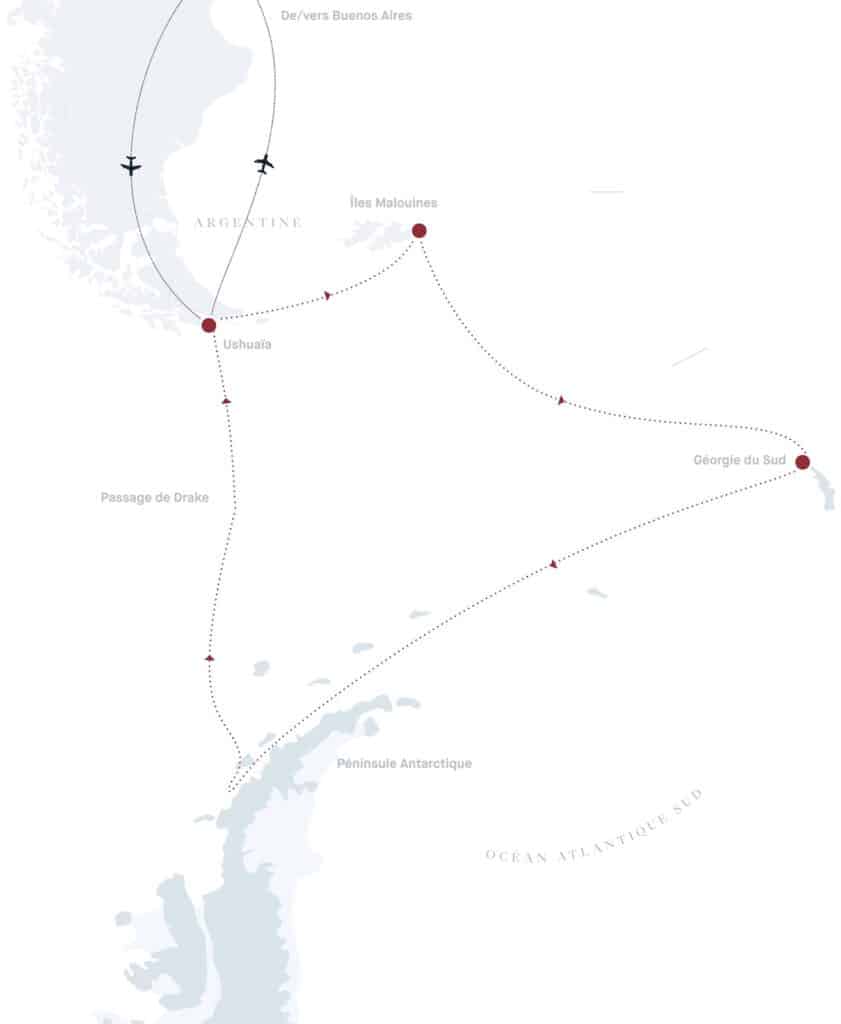 Itinéraire Exploris one en 17 jours incluant l'Antarctique, les malouines et les Iles de Georgie